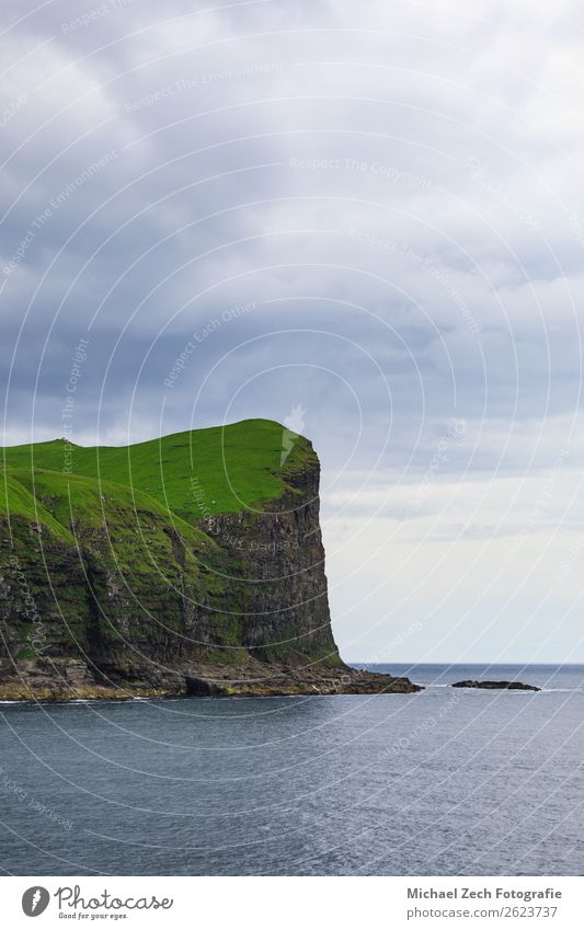 Landscape on the faroe islands with ocean and cliffs Beautiful Ocean Island Mountain Nature Sky Clouds Grass Meadow Rock Coast Watercraft Stone Natural Gray