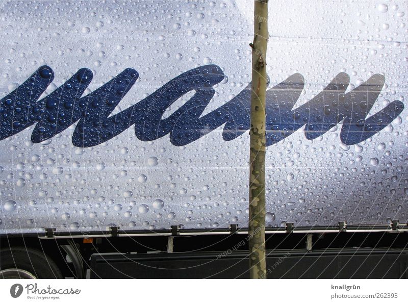 man Vehicle Truck Characters Wet Blue Silver Competition Covers (Construction) Advertising Drops of water Colour photo Exterior shot Deserted Copy Space top