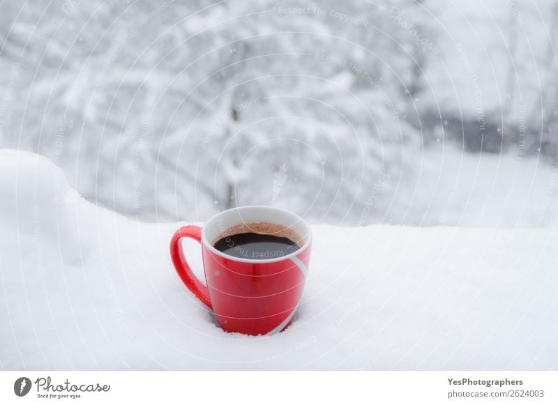 Red cup of coffee outdoor in snow Breakfast Beverage Hot drink Coffee Lifestyle Relaxation Leisure and hobbies Winter Snow Christmas & Advent New Year's Eve