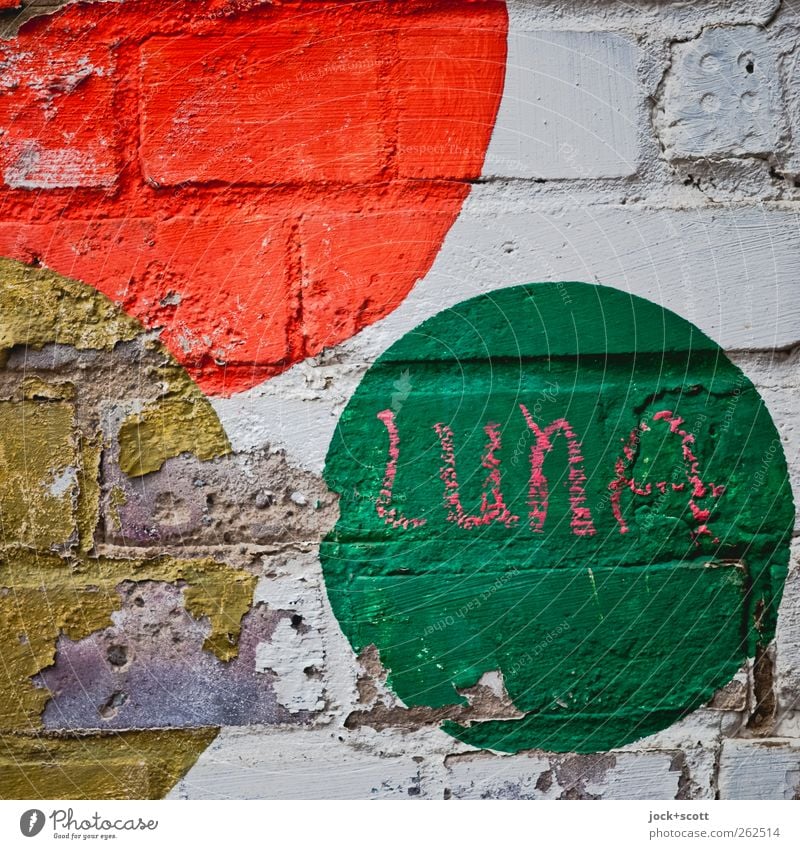 Luna squared Wall (barrier) Brick Sign Circle Cute Multicoloured Happiness Inspiration Creativity Ease Transience Seam Flaked off Chalk Moon Street art Italian