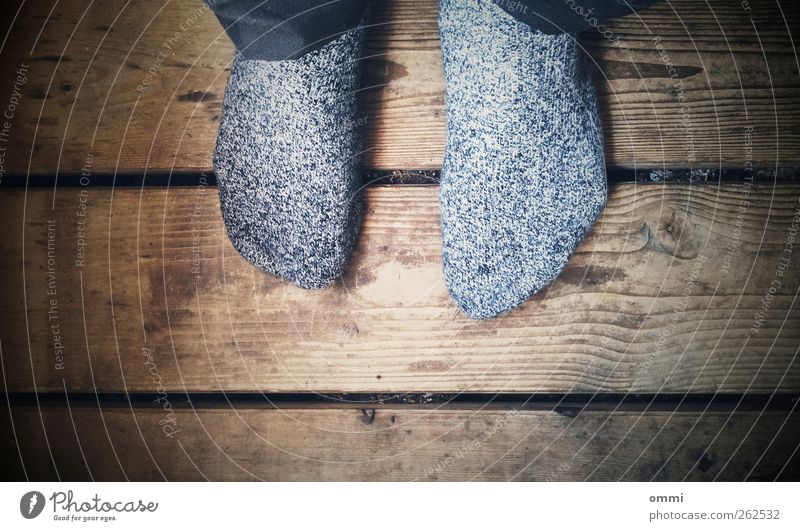 white noise Feet 1 Human being Stockings Wood Sit Old Authentic Simple Gloomy Brown Gray Black White Calm Stagnating Wooden floor Vignetting Colour photo