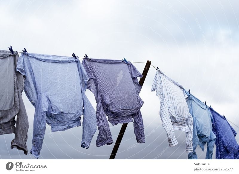 The freshly washed pink t-shirt shows the white underpants to the old  washcloth, in front of a blue sky, how to hang wet and fragrant on the rope  of the washing line