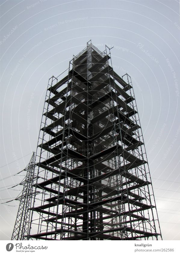 Well equipped Technology Energy industry Electricity pylon Architecture Tower Wood Metal Build Stand Sharp-edged Large Tall Blue Black Safety Protection Growth