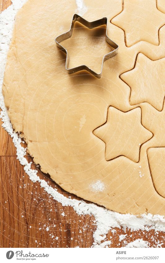 Cutting Christmas cookies Dough Baked goods Table Christmas & Advent Tree Wood Metal Heart Make Cookie Flour Rolling pin cutters cookie cutter star cooking