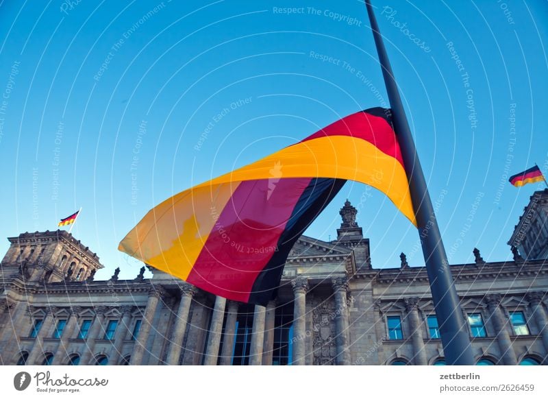 German flag in front of the Reichstag Architecture Berlin Germany German Flag Worm's-eye view Capital city Sky Heaven Downtown Berlin Parliament Government