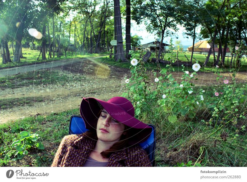 Country life dream - young woman with purple hat in rural environment Relaxation Young woman Dream Wait Contentment Joie de vivre (Vitality) Serene Loneliness