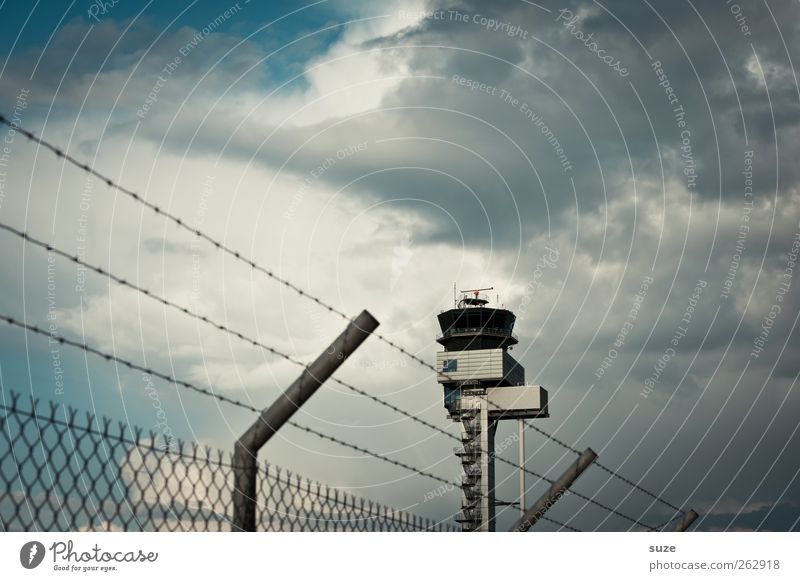 tower Aviation Environment Sky Clouds Weather Bad weather Airport Tower Air Traffic Control Tower Exceptional Blue Gray Fear of flying Testing & Control