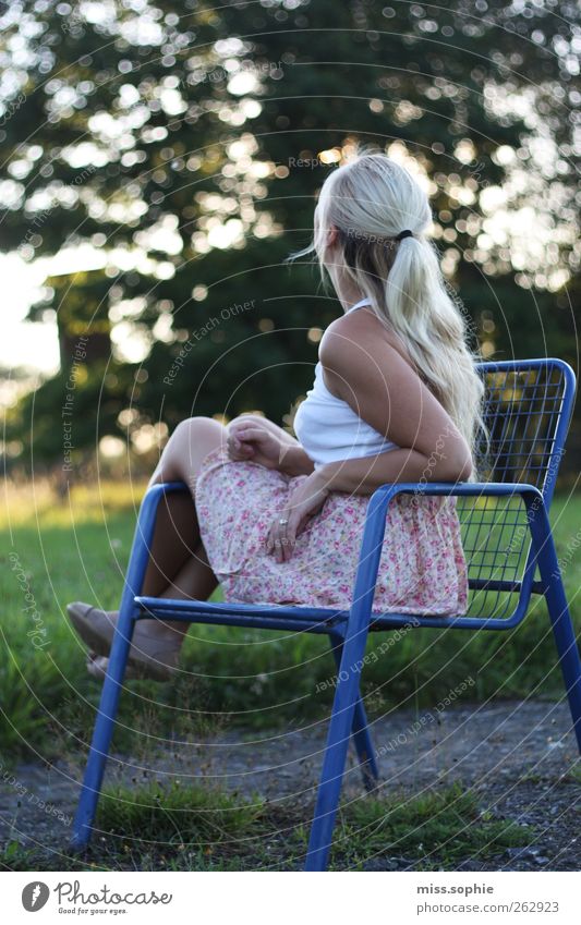 looking at stars. Hair and hairstyles Feminine Young woman Youth (Young adults) Life Body Summer Meadow Skirt Blonde To enjoy Looking Sit Wait Happy Blue Green