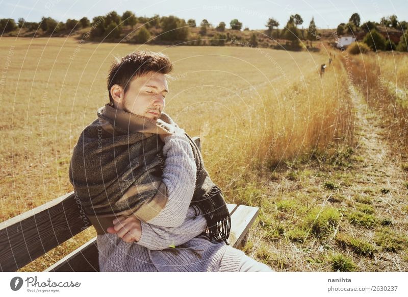 Young man in a sunny autumn day Lifestyle Elegant Style Wellness Senses Relaxation Calm Human being Masculine Man Adults 1 30 - 45 years Nature Autumn