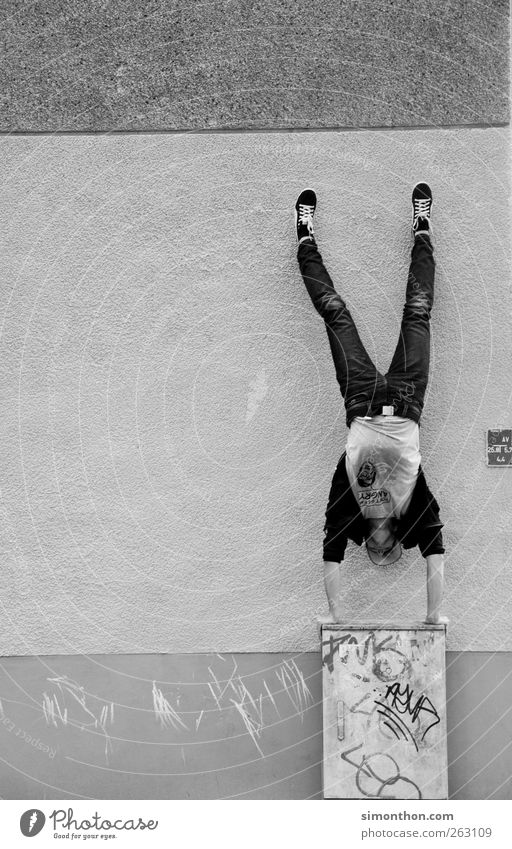 parkour 1 Human being Parkour Power Handstand Wall (building) Crazy Retentive Effort Black & white photo Balance Exceptional Hold Full-length Support