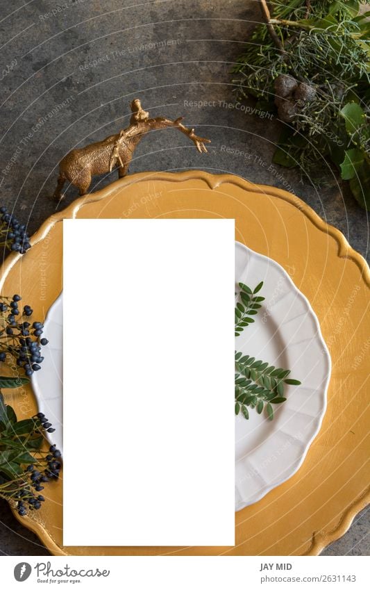 Gold place setting with empty menu on grunge Dinner Plate Winter Decoration Table Restaurant Christmas & Advent New Year's Eve Cloth Paper Old White christmas