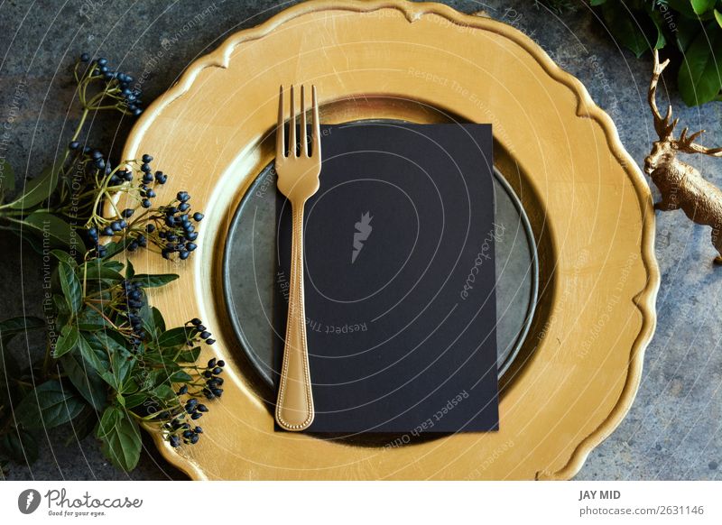 Gold place setting with empty menu on grunge Food Dinner Plate Fork Winter Decoration Table Restaurant Feasts & Celebrations Easter Thanksgiving
