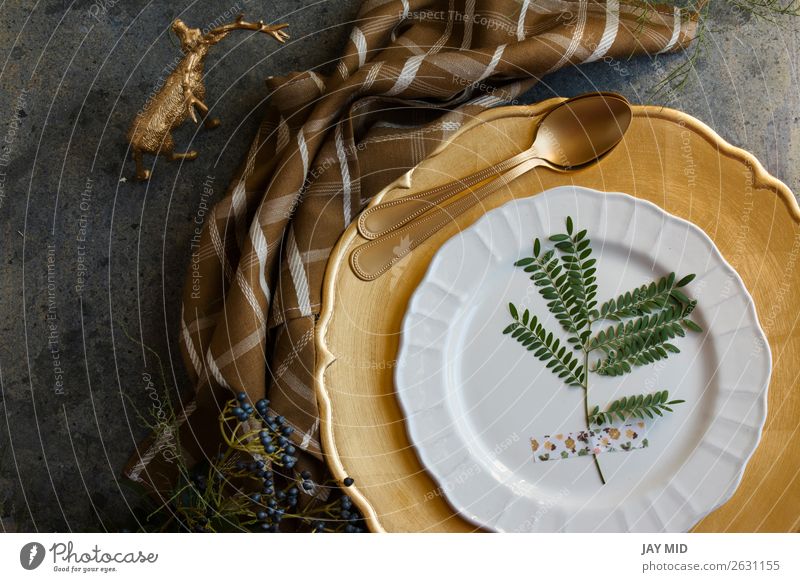 Holiday Gold place setting, napkin brown plaid Dinner Plate Winter Decoration Table Restaurant Feasts & Celebrations Thanksgiving Christmas & Advent