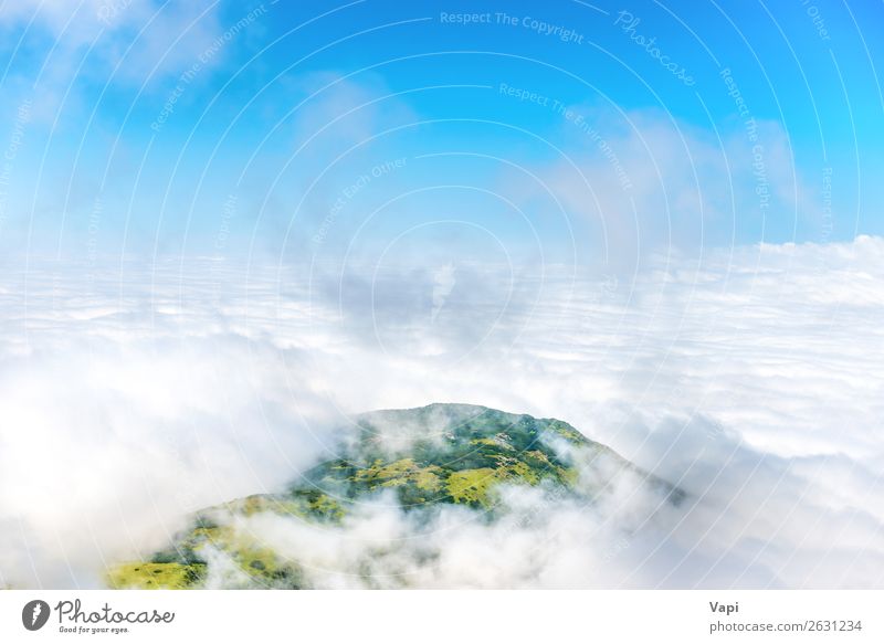 Green mountain peak in white clouds Vacation & Travel Tourism Adventure Far-off places Mountain Climbing Mountaineering Nature Landscape Sky Clouds Fog Grass
