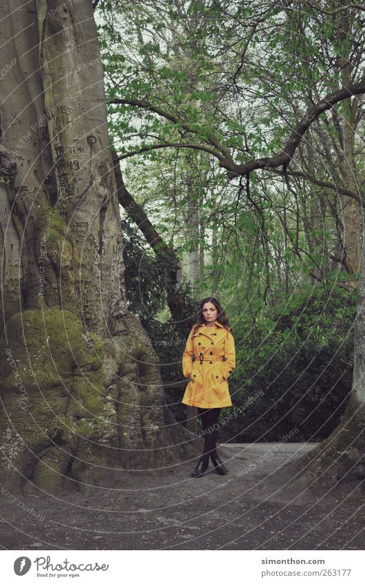 mantle 1 Human being Yellow Coat Model Fashion Raincoat Park Forest Nature To go for a walk Promenade Colour photo
