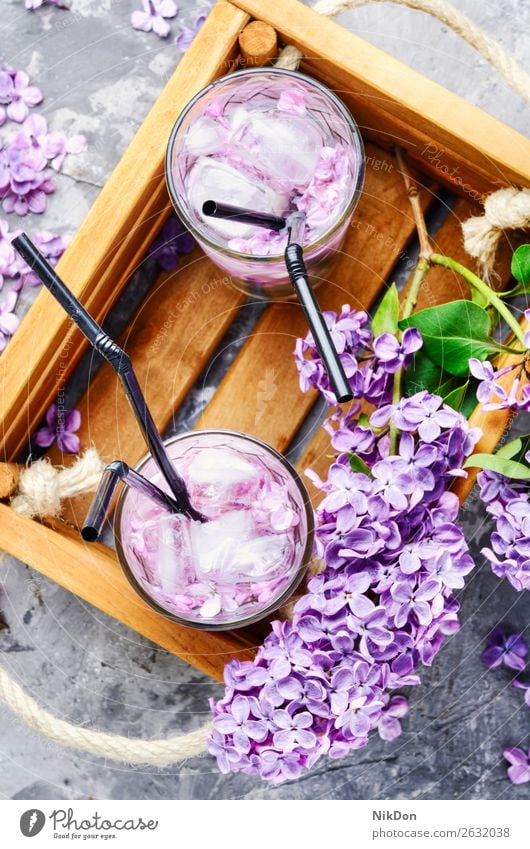 Refreshing drink with lilac and ice glass cocktail beverage flower juice cold water refreshment summer bar healthy natural violet cool liquid freshness purple