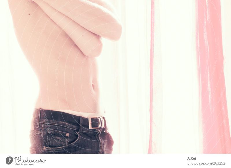 topless Masculine Embrace Thin Loneliness Navel Jeans Window 1 Belt Naked flesh Retreat Individual Stomach Protection Concern Headless Young man Sunlight