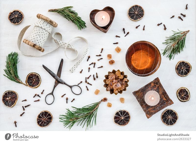 Christmas decor with candles, teacup and vintage items Herbs and spices Tea Style Winter Decoration Christmas & Advent Scissors Nature Warmth Candle Metal Rust
