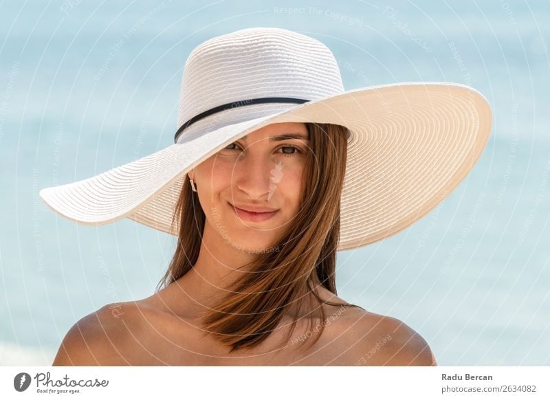 Young Woman Portrait With White Beach Hat Lifestyle Elegant Style Exotic Joy Beautiful Relaxation Leisure and hobbies Vacation & Travel Adventure Freedom Summer