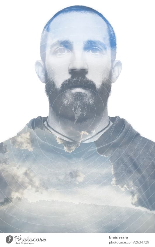 Double exposure portrait of young bearded man and coulds. Lifestyle Beautiful Face Healthy Relaxation Calm Meditation Vacation & Travel Masculine Man Adults