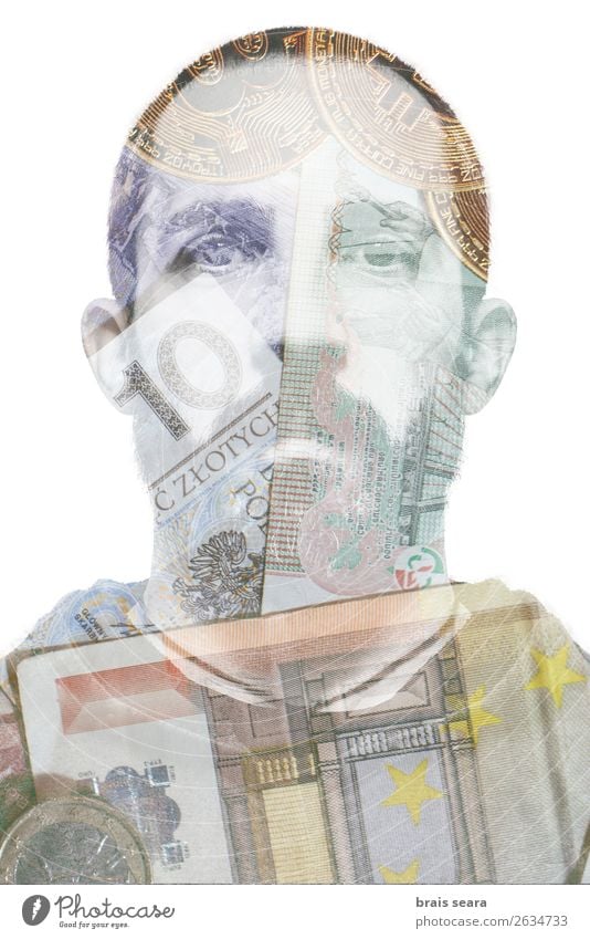 Double exposure portrait of young bearded man and currency Lifestyle Luxury Money Face Work and employment Economy Trade Media industry Financial Industry