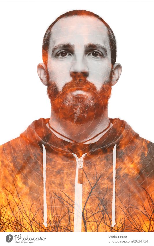 Double exposure portrait of young bearded man and fire. Beautiful Face Healthy Health care Work and employment Masculine Young man Youth (Young adults) Man