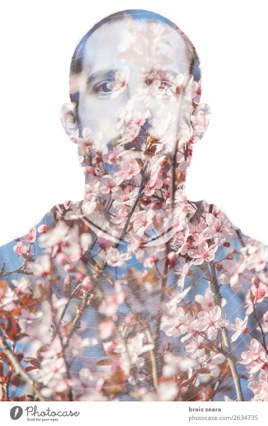 Double exposure portrait of young bearded man and flowers. Lifestyle Beautiful Face Cosmetics Perfume Health care Calm Masculine Young man Youth (Young adults)