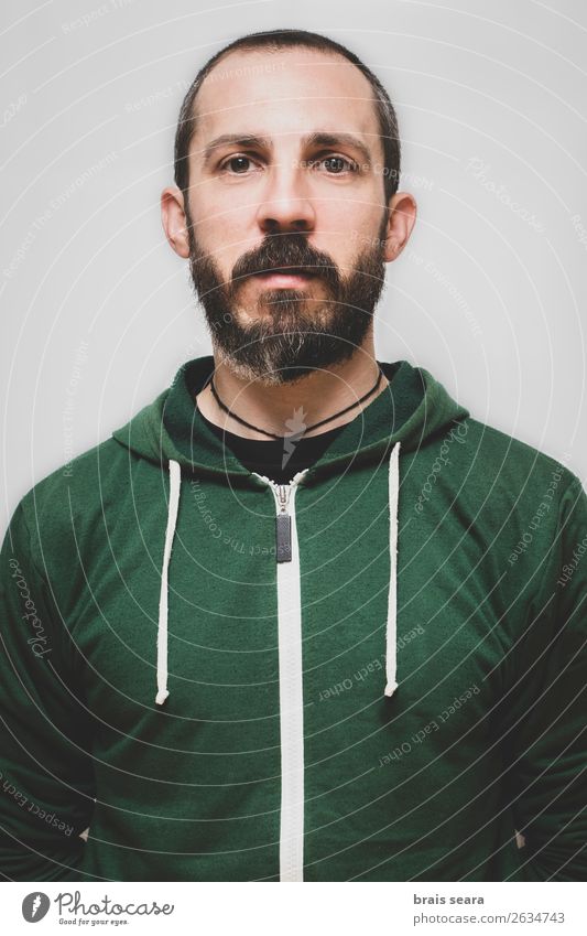 Portrait of young bearded man with green sweatshirt. Lifestyle Shopping Style Beautiful Face Sports Masculine Young man Youth (Young adults) Man Adults 1