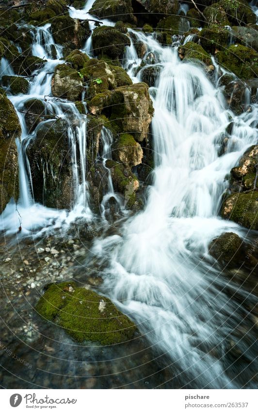 Let it run Nature Elements Water Moss Brook Waterfall Flow Deserted Stone Colour photo Exterior shot Long exposure Motion blur Wide angle