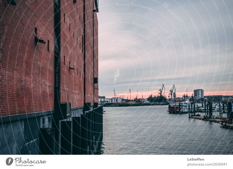 View into the port of Hamburg Industry Water Clouds Town Architecture Wall (barrier) Wall (building) Facade Elbe Philharmonic Hall Navigation Passenger ship
