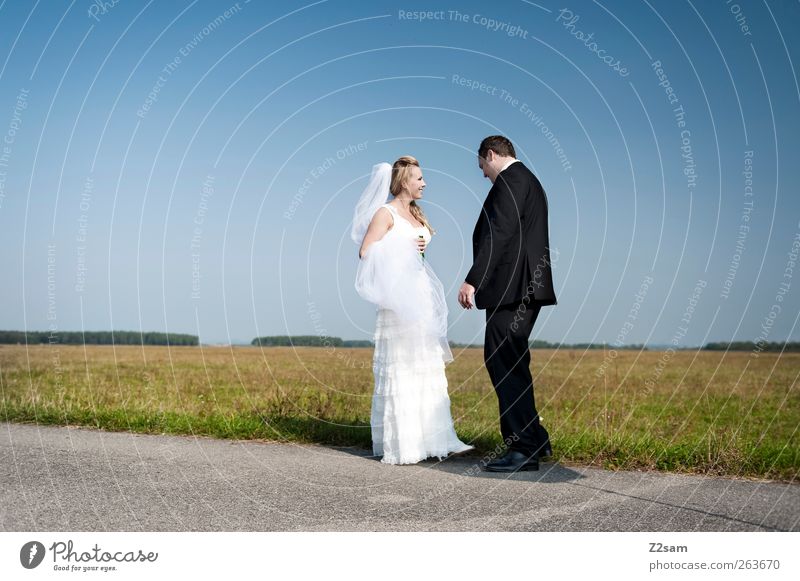 just married Style Summer Wedding Human being Couple Partner 2 18 - 30 years Youth (Young adults) Adults Environment Landscape Cloudless sky Horizon