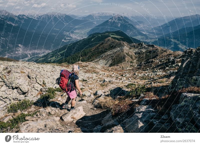 Young woman crossing the Alps | E5 Adventure Hiking Youth (Young adults) Nature Landscape Beautiful weather Rock Mountain Peak Backpack Backpacking vacation