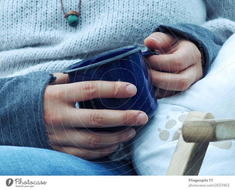 Blue in Blue To have a coffee Drinking Hot drink Cup Mug Well-being Contentment Feminine Young woman Youth (Young adults) Hand Fingers 1 Human being Sweater