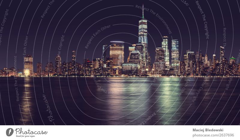 New York City panorama at night, USA. Sky Cloudless sky Night sky River Town Downtown Skyline Populated High-rise Bank building Manmade structures Building