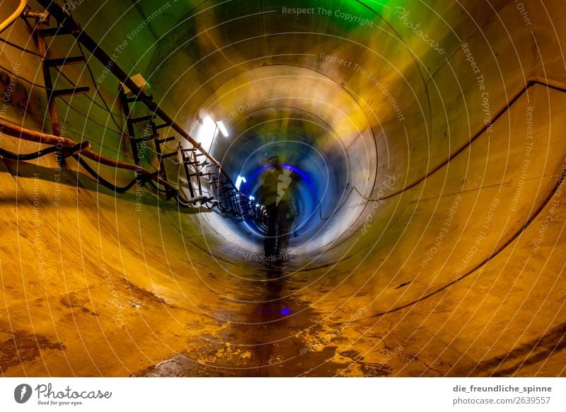 Sewer II Human being 1 Berlin Germany Europe Capital city Tunnel Manmade structures Channel Pipe Stone Metal Yellow Gray Green Orange Red Effluent Light