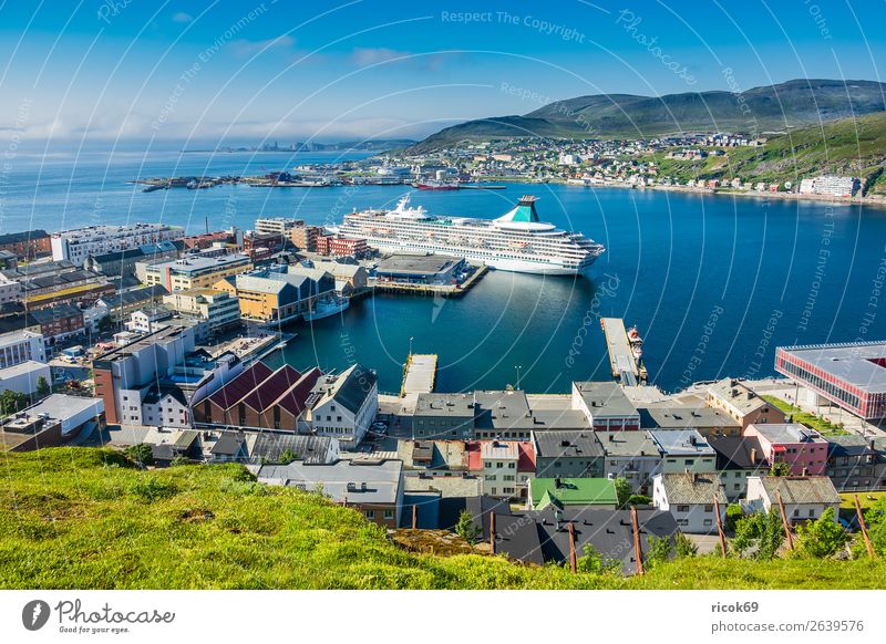 View of Hammerfest in Norway Vacation & Travel Tourism Summer Ocean Mountain House (Residential Structure) Environment Nature Landscape Water Clouds Climate