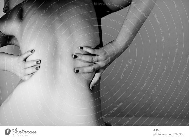 Back side. Feminine Young woman Youth (Young adults) 1 Human being Thin Anticipated Pain Black & white photo Interior shot Studio shot Neutral Background