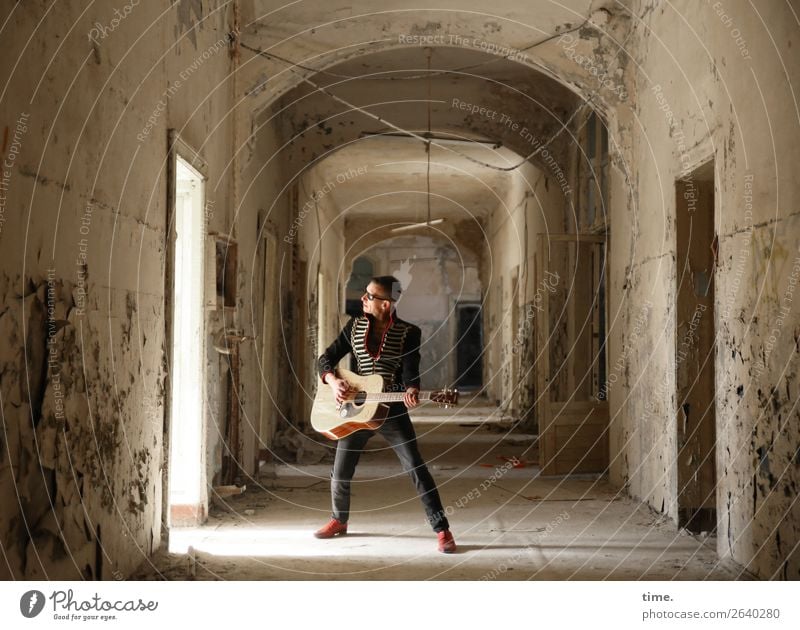 GuitarMan Masculine Adults 1 Human being Music Musician Dream house Ruin lost places Wall (barrier) Wall (building) door Hallway Jacket Sunglasses Brunette