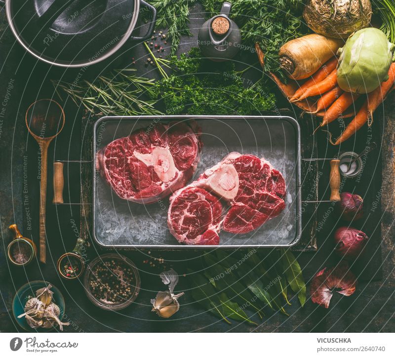 Soup meat. Leg slice of beef with cooking ingredients Food Meat Vegetable Herbs and spices Nutrition Lunch Dinner Organic produce Crockery Pot Spoon Shopping