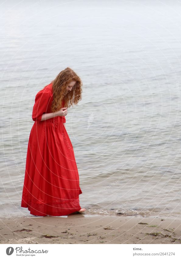 nina Feminine Woman Adults 1 Human being Water Coast Beach Baltic Sea Dress Red-haired Long-haired Curl Observe Going Looking Stand Happy Maritime Curiosity