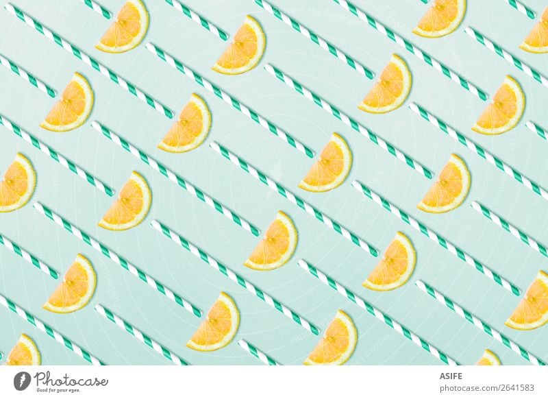 Lemonade pattern on aquamarine background Fruit Juice Design Summer Decoration Group Fresh Hip & trendy Funny Natural Above Blue Yellow straw Conceptual design