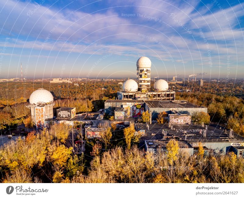 Bugging system on the Teufelsberg Central perspective Deep depth of field Sunrise Sunbeam Sunlight Shadow Light Morning Copy Space middle Copy Space bottom