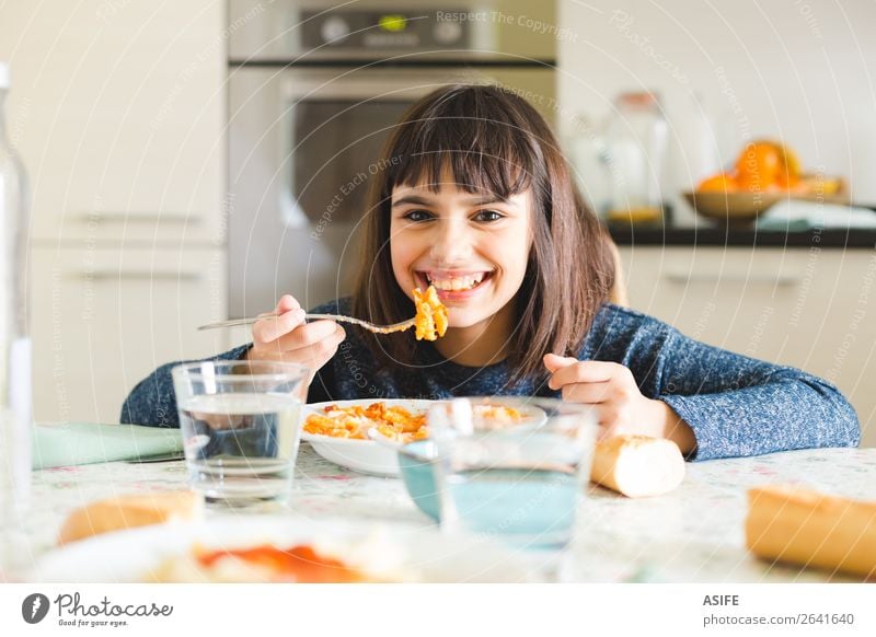 Delicious pasta for kids Cheese Nutrition Eating Lunch Dinner Fork Joy Happy Beautiful Table Kitchen Child Smiling Sit Cute Appetite girl Macaroni penne