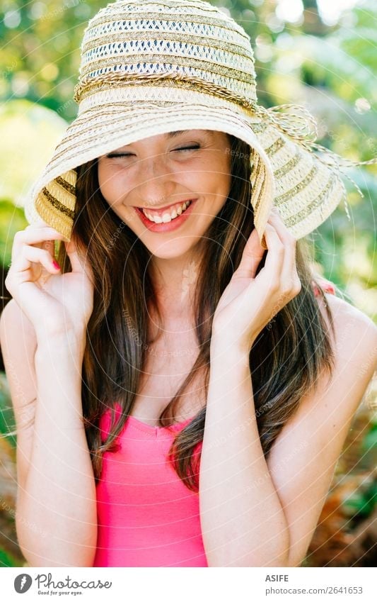 Happy girl with pamela laughing Joy Beautiful Summer Human being Woman Adults Hand Nature Tree Park Smiling Laughter Cute Green Pink Beauty Photography eyes
