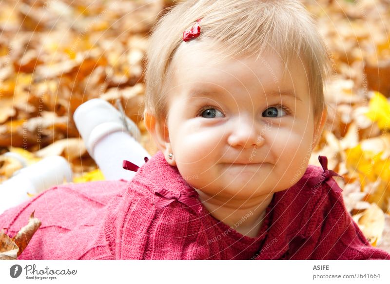 Autumn baby girl smiling Lifestyle Joy Happy Playing Child Baby Nature Warmth Leaf Park Forest Blonde Touch Discover To enjoy Smiling Happiness Natural Cute