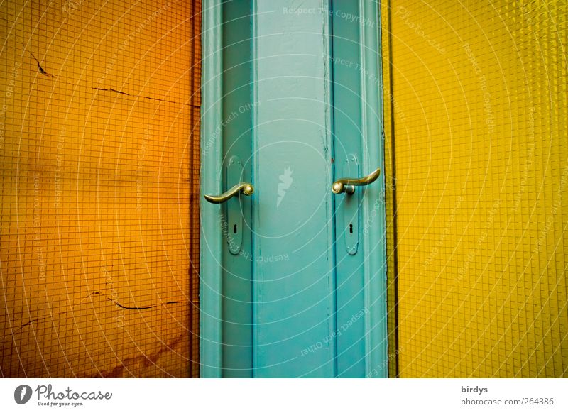 Door to door Glass Illuminate Exceptional Esthetic Colour Nostalgia Symmetry Town Living or residing Target 2 Door handle Side by side Orange Yellow Blue
