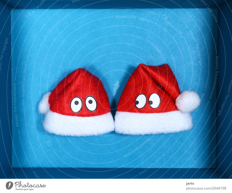 blue box III Christmas & Advent Box Together Funny Blue Red Looking Santa Claus hat Surprise eyes Christmas gift Colour photo Studio shot Close-up
