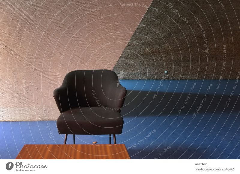 withered Deserted Wall (barrier) Wall (building) Dark Retro Blue Brown Gray Armchair Table Wallpaper Irritation Subdued colour Interior shot Copy Space top