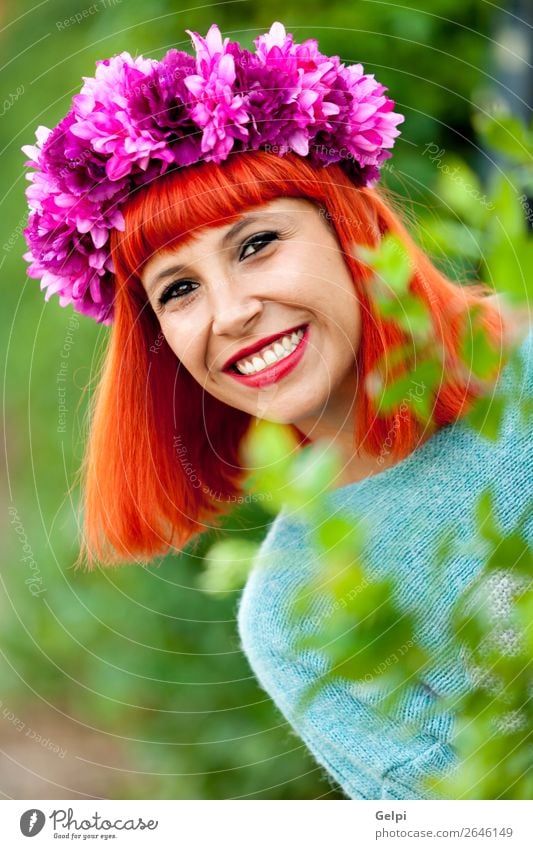 Attractive red haired girl with wreath of flowers Lifestyle Style Joy Happy Beautiful Hair and hairstyles Face Wellness Calm Summer Human being Woman Adults