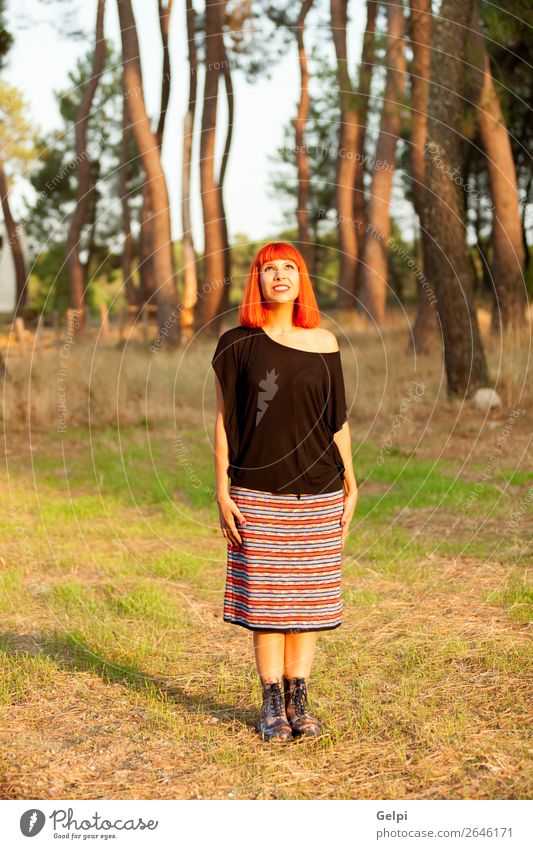 Red haired woman enjoing of the a sunny day Lifestyle Happy Beautiful Face Freedom Human being Woman Adults Nature Tree Park Forest Fashion Skirt Red-haired